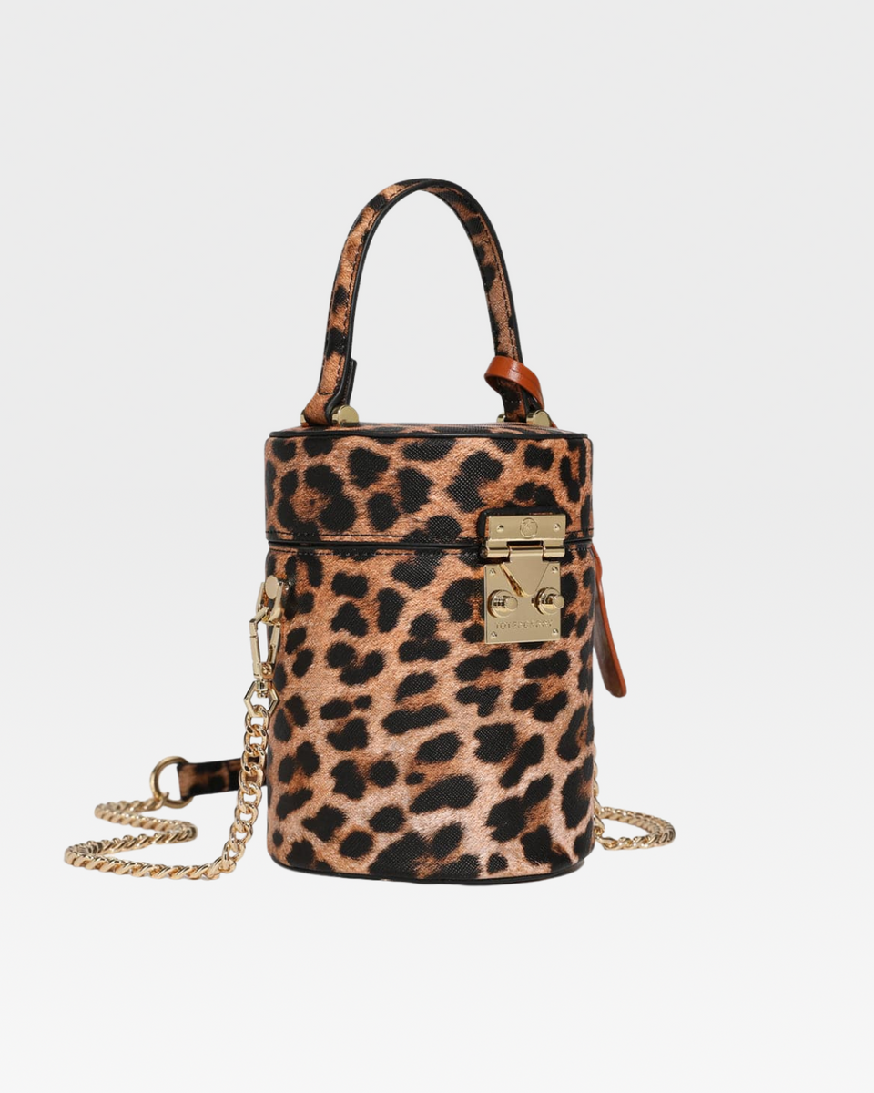 Leopard Print Mini Barrel Purse in Brown