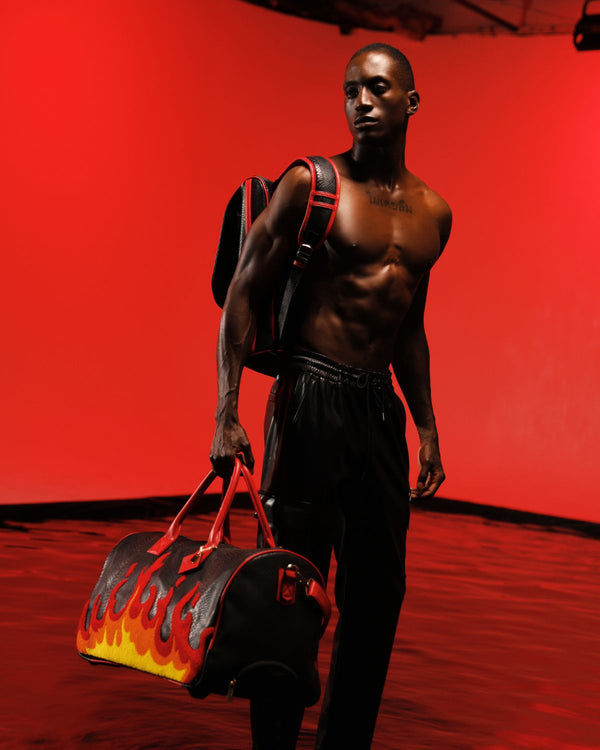 Signature Red Fire Rolling Duffle Set in Black