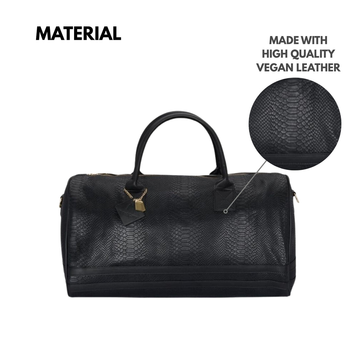 Tote&Carry Signature Weekender Duffle Bag in Black — high quality vegan leather material detail