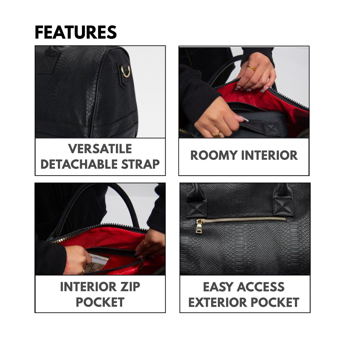 Tote&Carry Signature Weekender Duffle Bag in Black — features, versatile detachable strap, roomy interior and easy-access exterior pocket