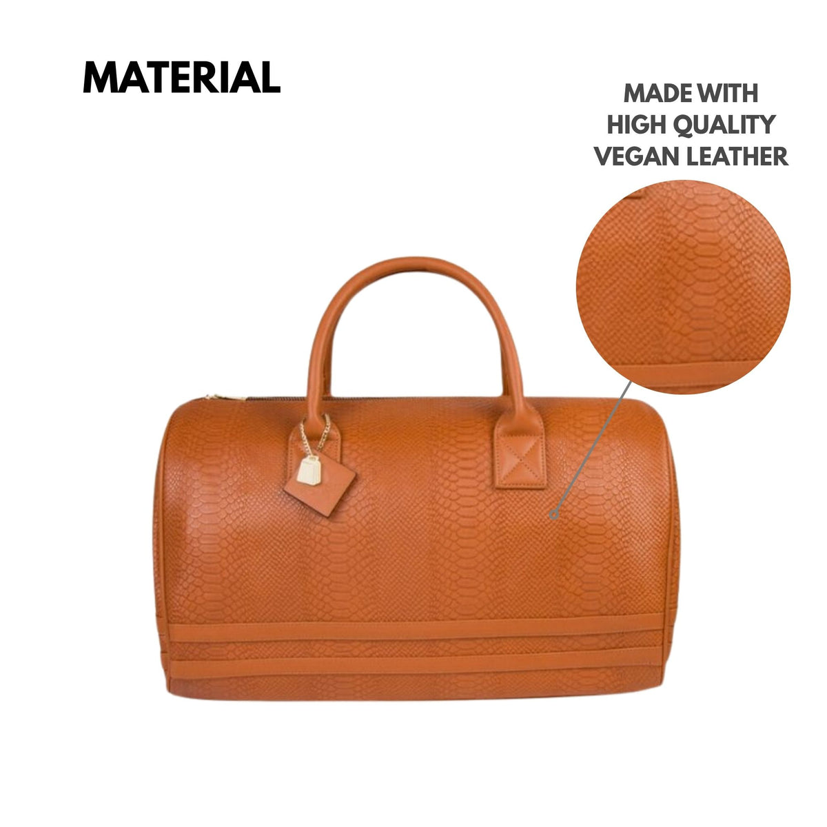 Tote&Carry Signature Weekender Duffle Bag in Caramel — high quality vegan leather material detail