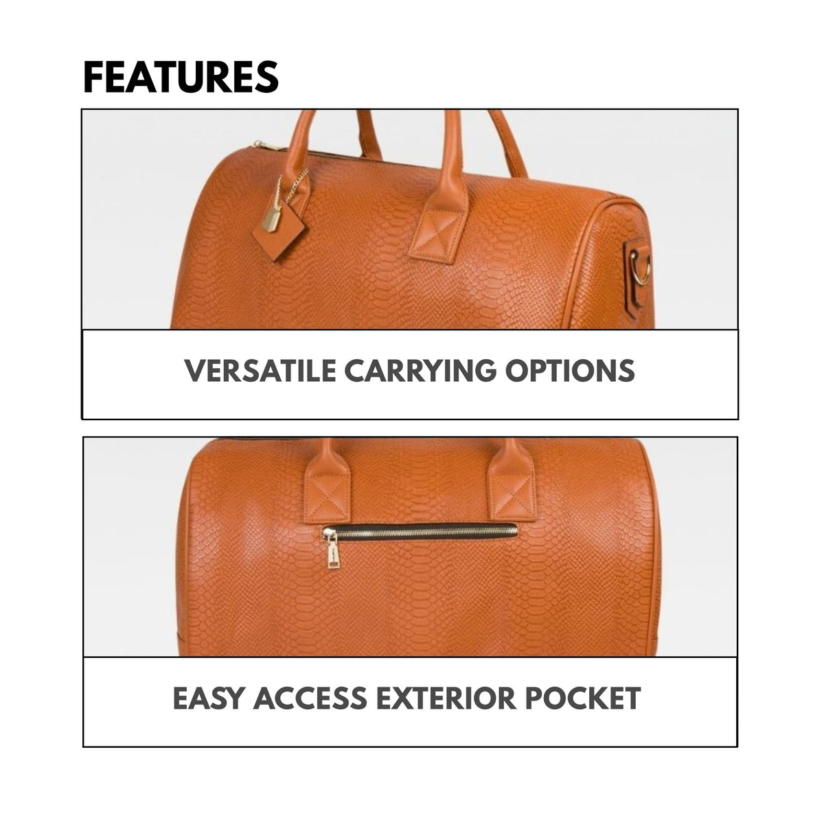 Tote&Carry Signature Weekender Duffle Bag in Caramel — features, versatile detachable strap, roomy interior and easy-access exterior pocket