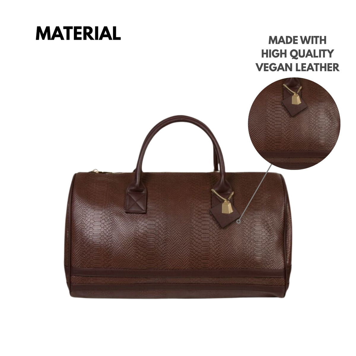 Tote&Carry Signature Weekender Duffle Bag in Chocolate — high quality vegan leather material detail