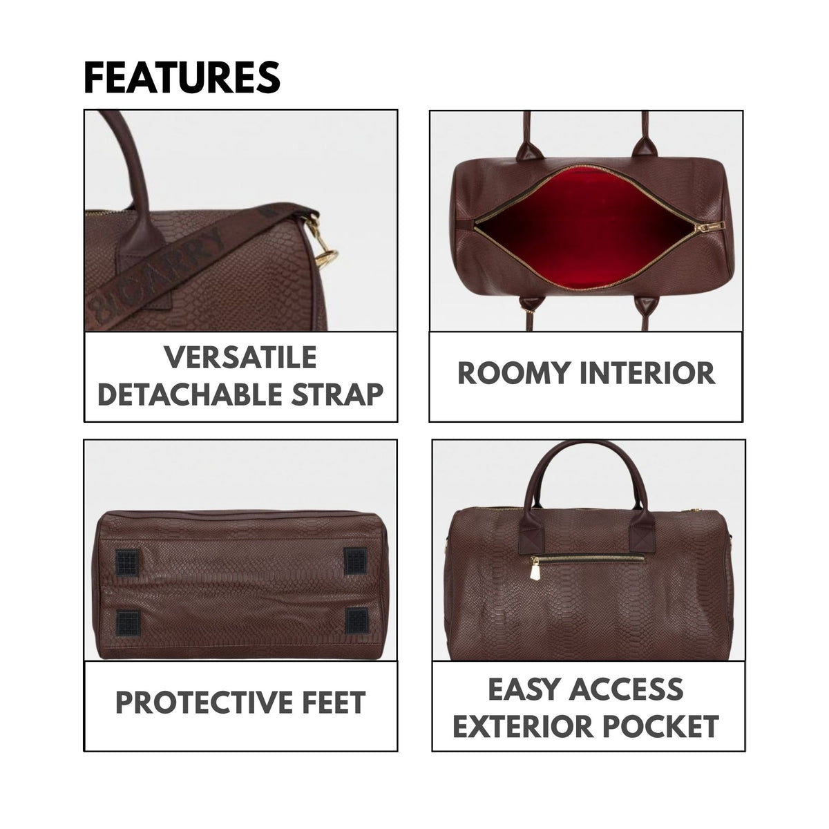 Tote&Carry Signature Weekender Duffle Bag in Chocolate — features, versatile detachable strap, roomy interior and easy-access exterior pocket