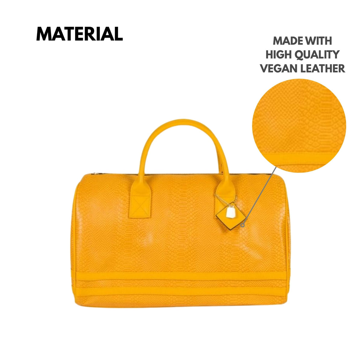 Tote&Carry Signature Weekender Duffle Bag in Sunflower Yellow — high quality vegan leather material detail