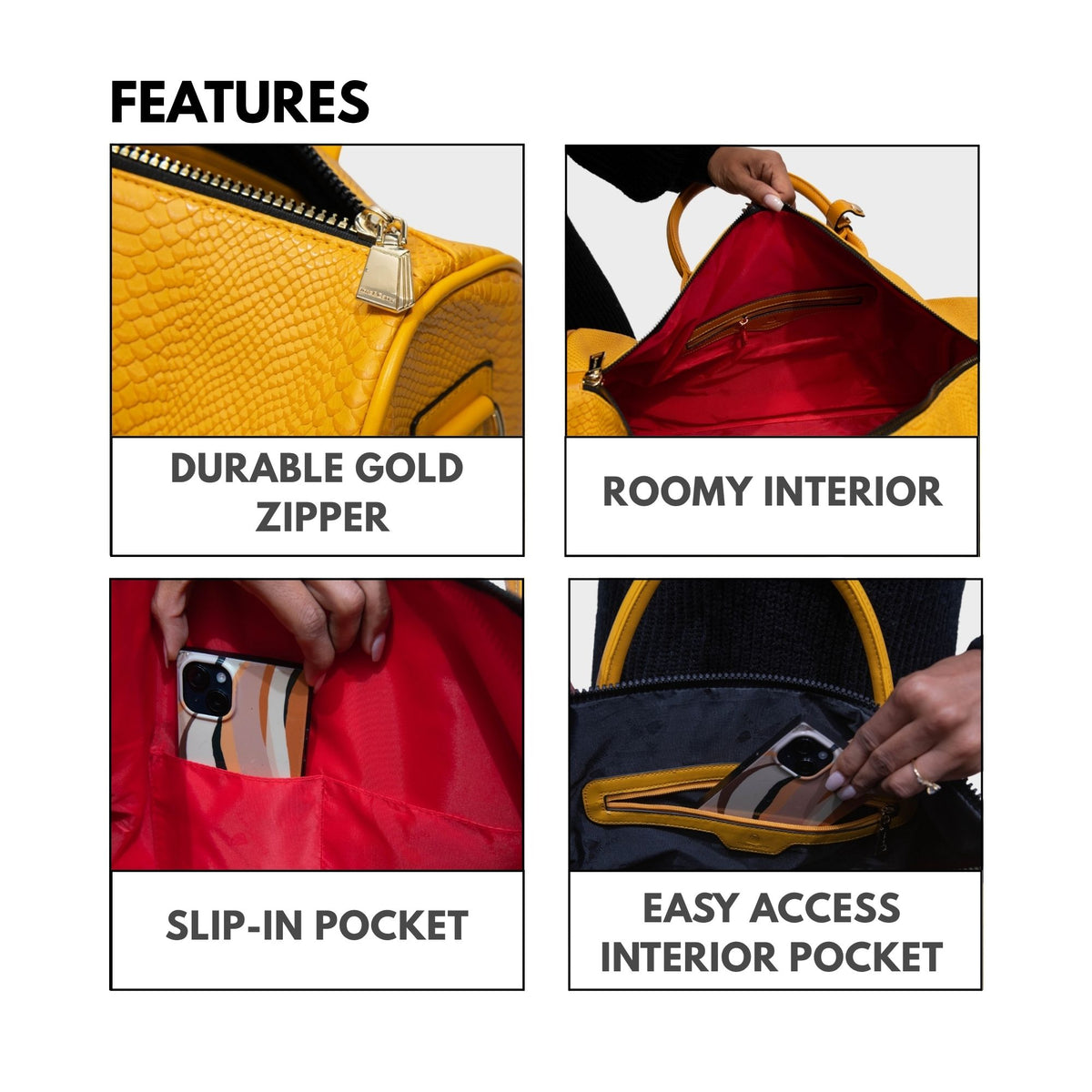 Tote&Carry Signature Weekender Duffle Bag in Sunflower Yellow — features, versatile detachable strap, roomy interior and easy-access exterior pocket