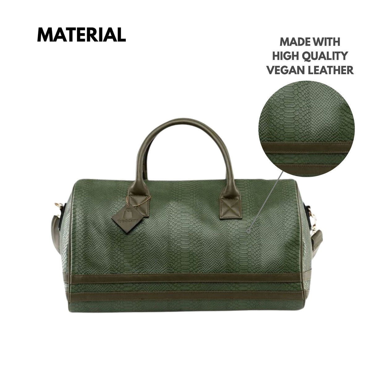 Tote&Carry Signature Weekender Duffle Bag in Olive — high quality vegan leather material detail