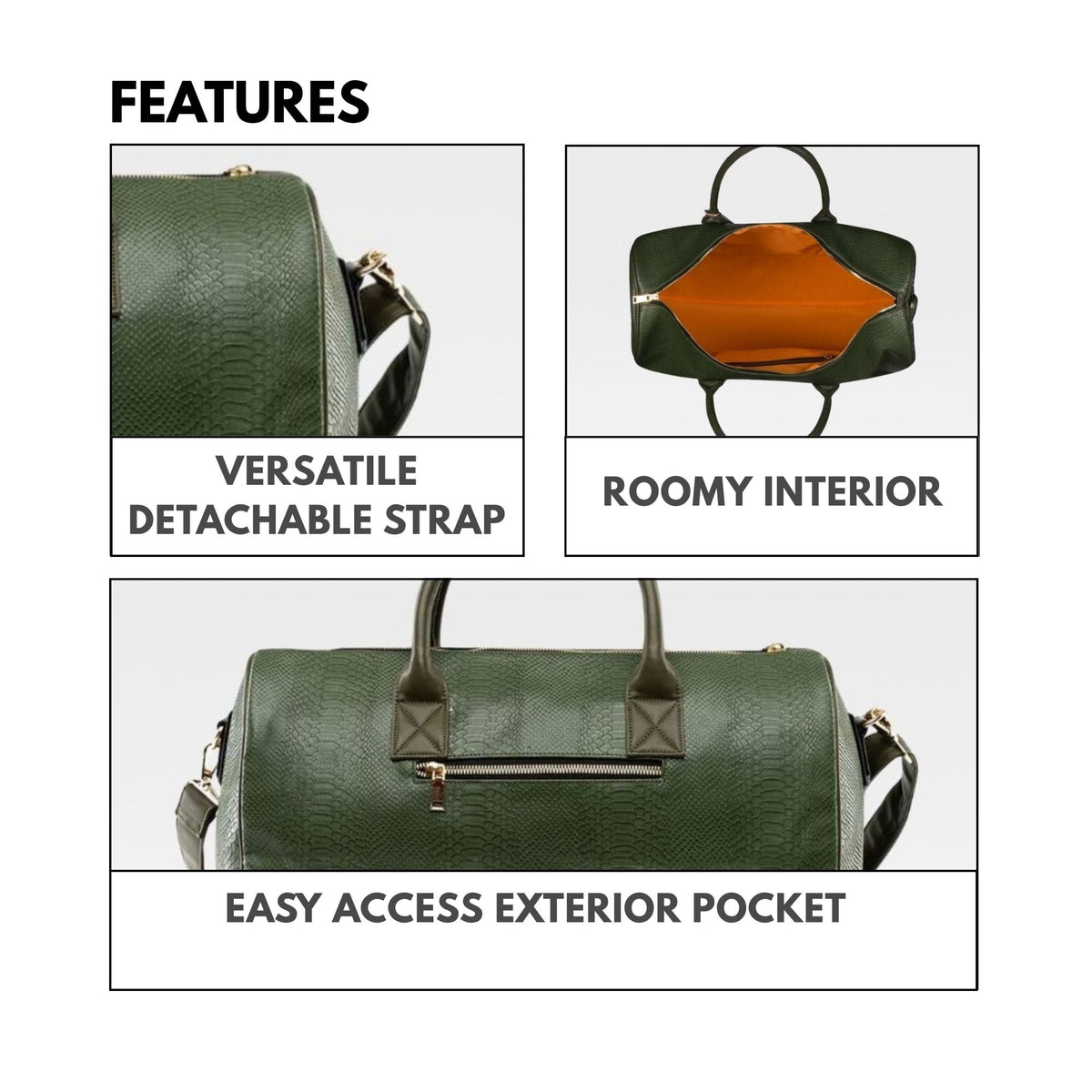Tote&Carry Signature Weekender Duffle Bag in Olive — features, versatile detachable strap, roomy interior and easy-access exterior pocket