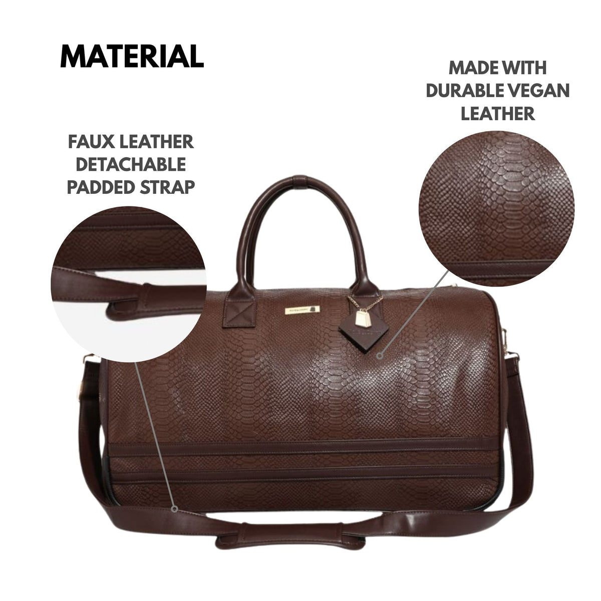 Tote&Carry Signature Traveler Rolling Duffle in Chocolate — faux leather detachable padded strap and durable vegan leather material detail