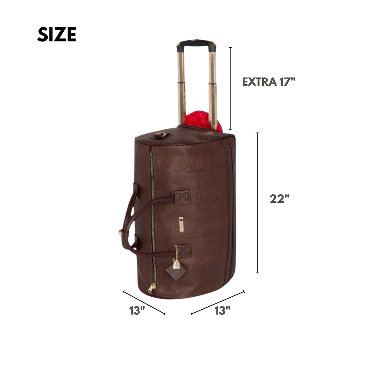 Tote&Carry Signature Traveler Rolling Duffle in Chocolate — size, 22 inches tall, 13 x 13 inches, with an extra 17 inch pull-out handle