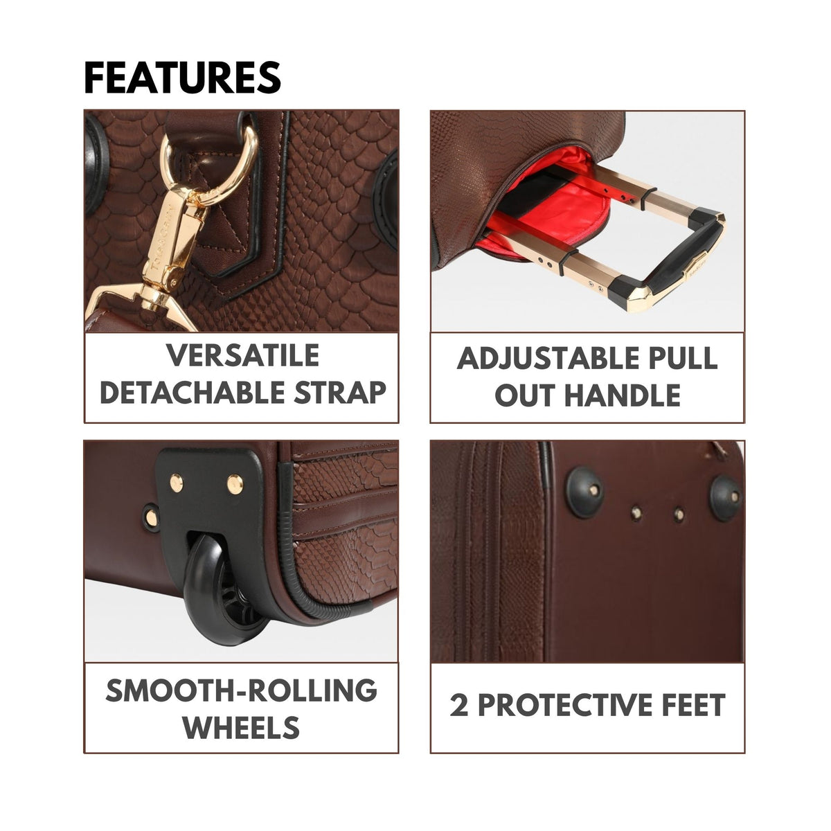 Tote&Carry Signature Traveler Rolling Duffle in Chocolate — features, versatile detachable strap, adjustable pull-out handle, smooth-rolling wheels and 2 protective feet