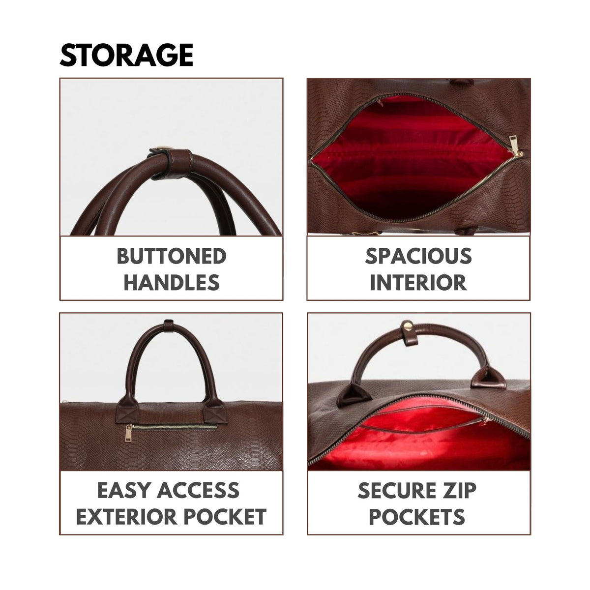 Tote&Carry Signature Traveler Rolling Duffle in Chocolate — storage, buttoned handles, spacious interior, easy-access exterior pocket and secure zip pockets
