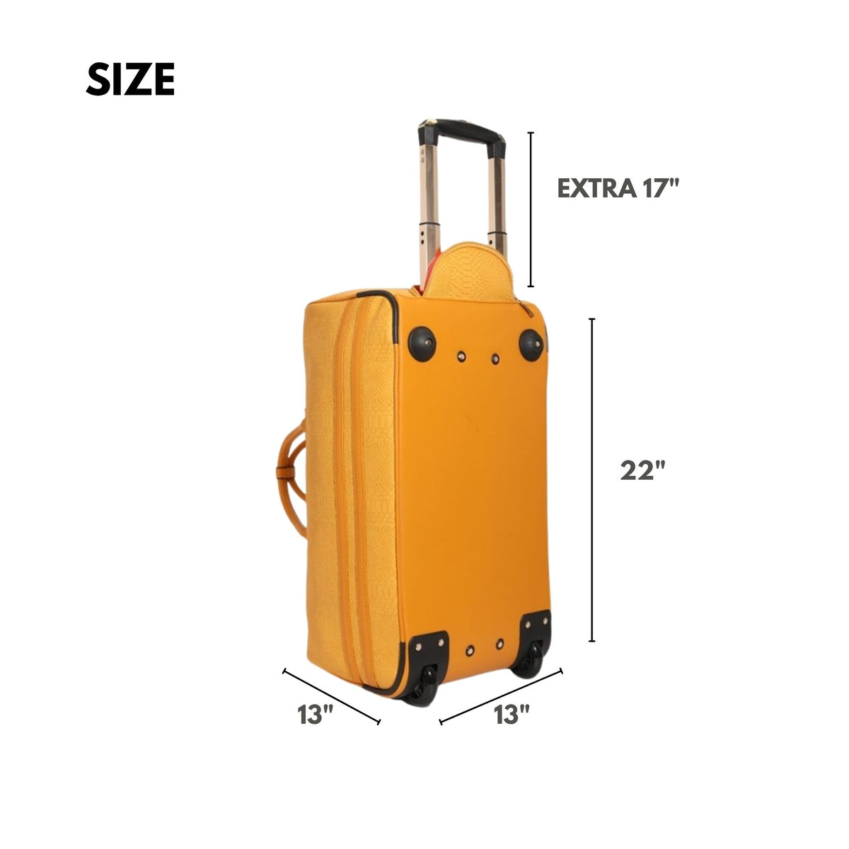 Tote&Carry Signature Traveler Rolling Duffle in Sunflower Yellow — size, 22 inches tall, 13 x 13 inches, with an extra 17 inch pull-out handle