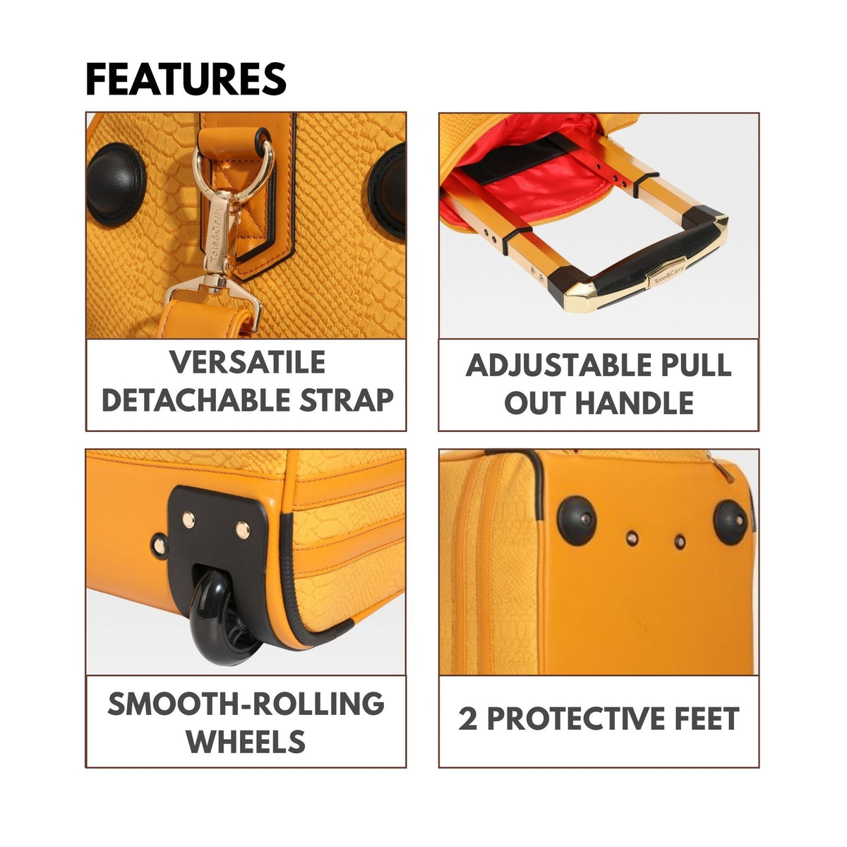 Tote&Carry Signature Traveler Rolling Duffle in Sunflower Yellow — features, versatile detachable strap, adjustable pull-out handle, smooth-rolling wheels and 2 protective feet