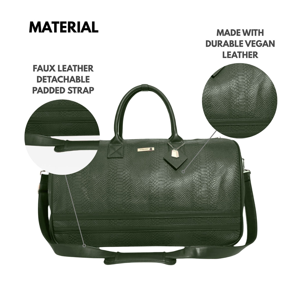 Tote&Carry Signature Traveler Rolling Duffle in Olive — faux leather detachable padded strap and durable vegan leather material detail