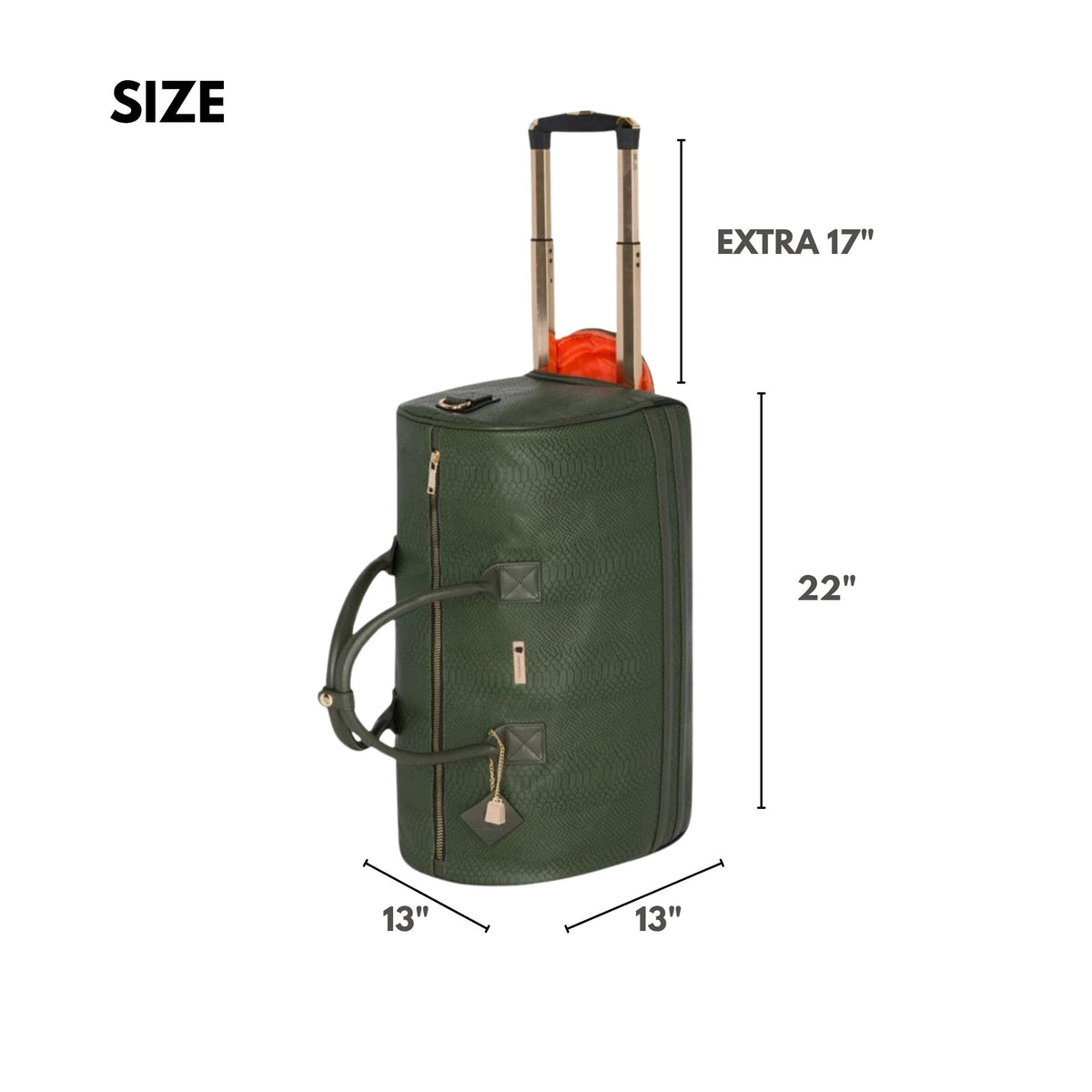Tote&Carry Signature Traveler Rolling Duffle in Olive — size, 22 inches tall, 13 x 13 inches, with an extra 17 inch pull-out handle