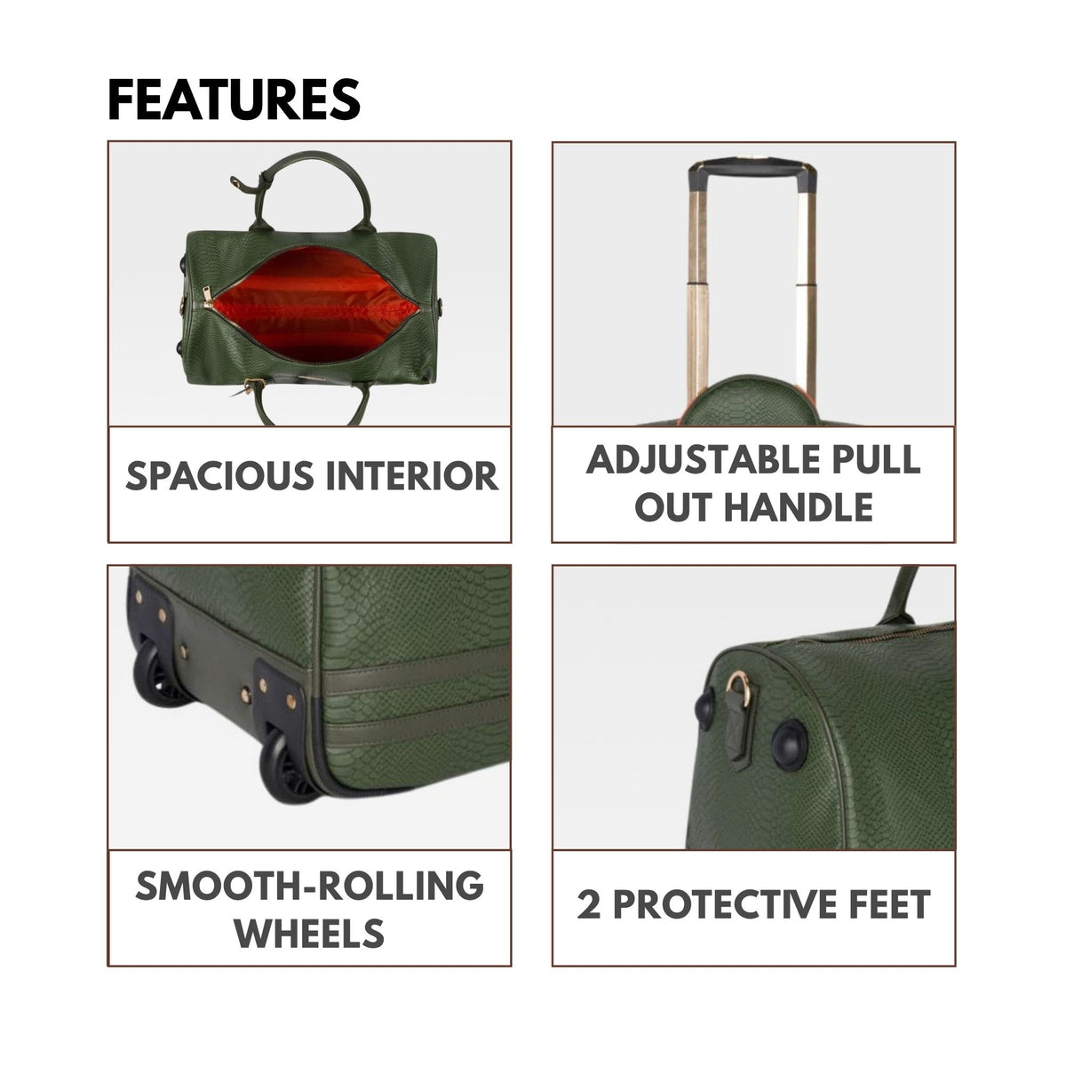 Tote&Carry Signature Traveler Rolling Duffle in Olive — features, versatile detachable strap, adjustable pull-out handle, smooth-rolling wheels and 2 protective feet