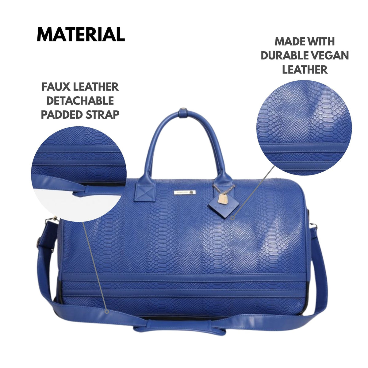 Tote&Carry Signature Traveler Rolling Duffle in Royal Blue — faux leather detachable padded strap and durable vegan leather material detail