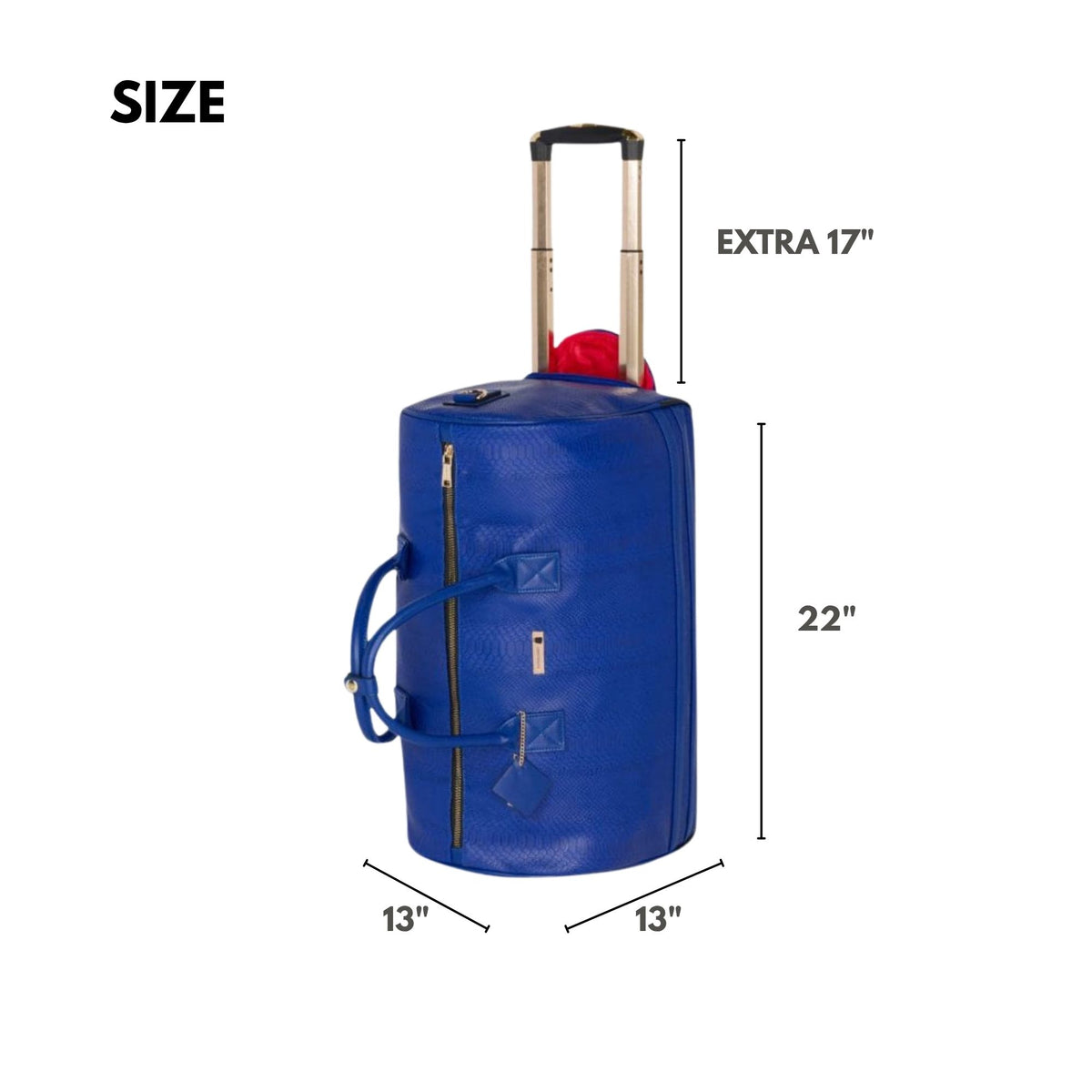 Tote&Carry Signature Traveler Rolling Duffle in Royal Blue — size, 22 inches tall, 13 x 13 inches, with an extra 17 inch pull-out handle