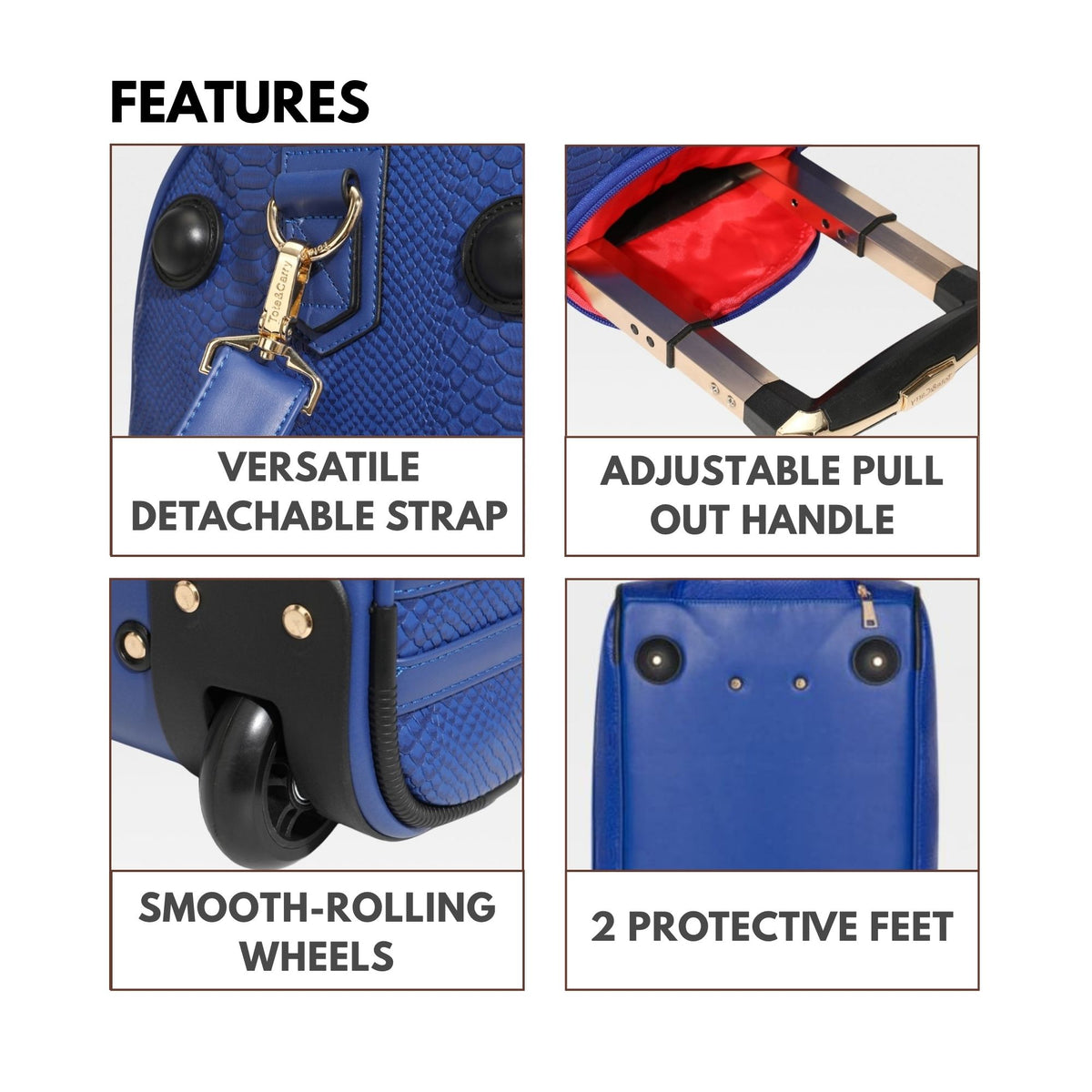 Tote&Carry Signature Traveler Rolling Duffle in Royal Blue — features, versatile detachable strap, adjustable pull-out handle, smooth-rolling wheels and 2 protective feet