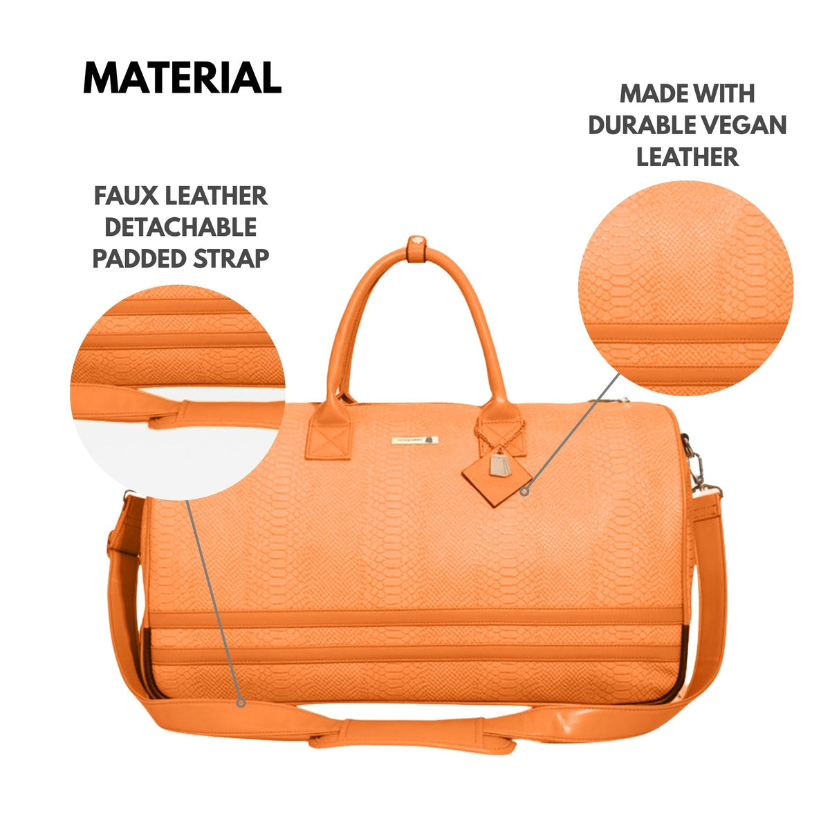 Tote&Carry Signature Traveler Rolling Duffle in Tangerine — faux leather detachable padded strap and durable vegan leather material detail