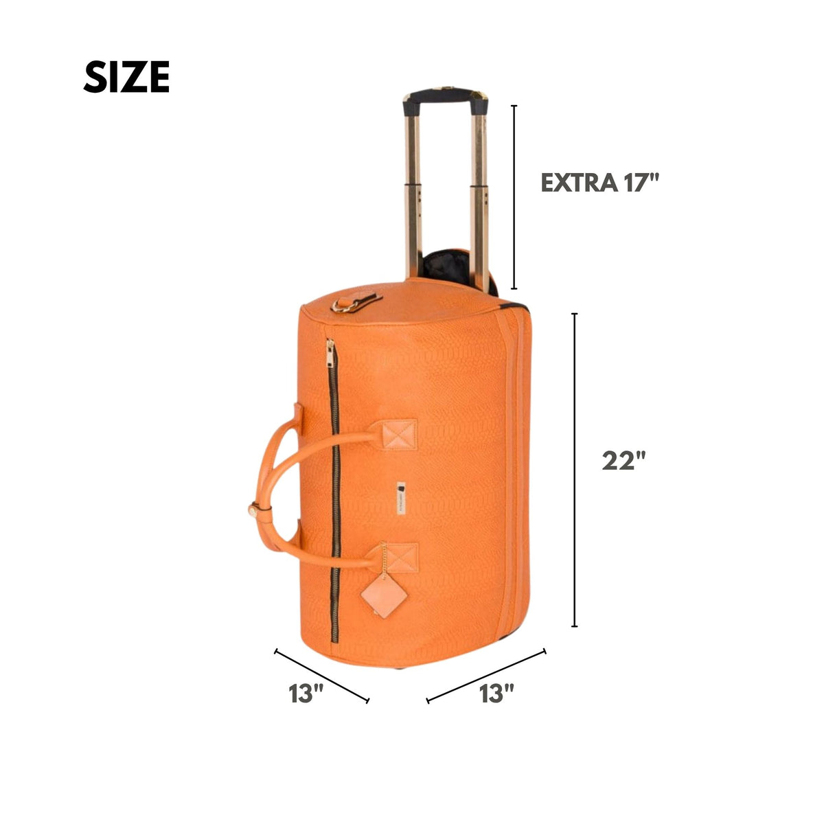 Tote&Carry Signature Traveler Rolling Duffle in Tangerine — size, 22 inches tall, 13 x 13 inches, with an extra 17 inch pull-out handle