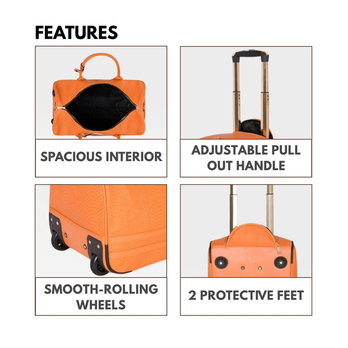 Tote&Carry Signature Traveler Rolling Duffle in Tangerine — features, versatile detachable strap, adjustable pull-out handle, smooth-rolling wheels and 2 protective feet