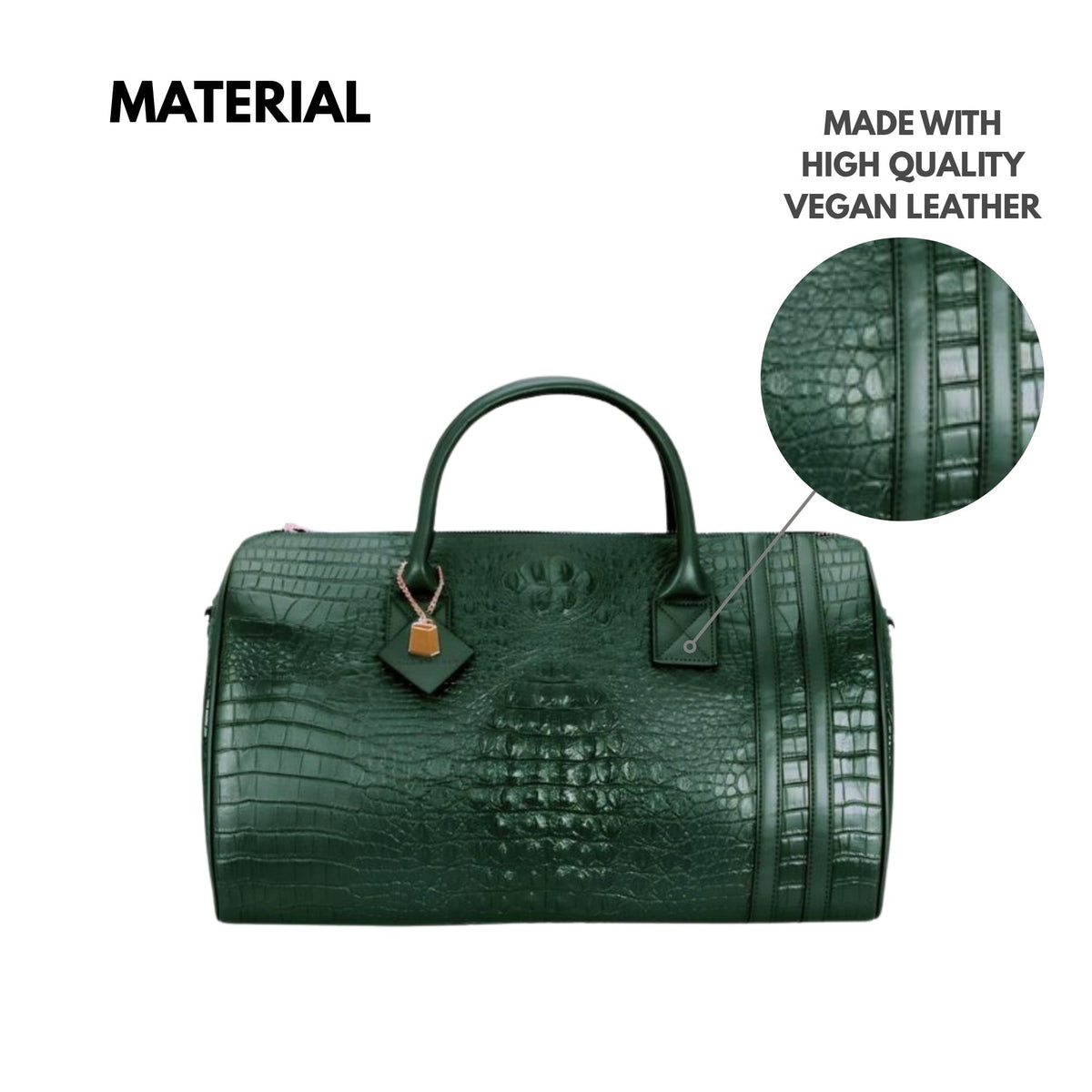 Tote&Carry Classic Weekender Duffle Bag in Emerald Green — high quality vegan leather material detail