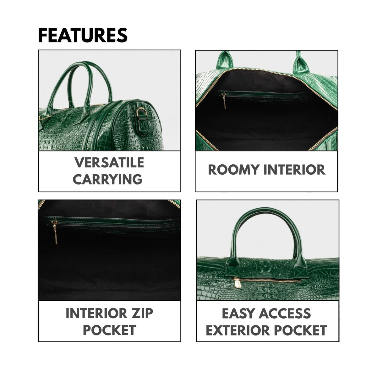 Tote&Carry Classic Weekender Duffle Bag in Emerald Green — features, versatile carrying, roomy interior and easy-access exterior pocket