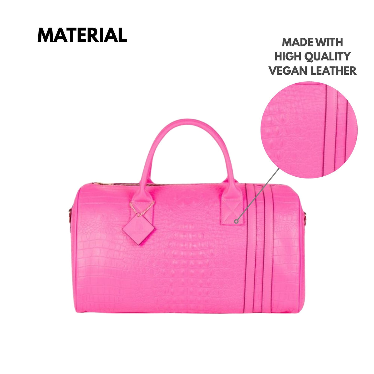 Tote&Carry Classic Weekender Duffle Bag in Neon Pink — high quality vegan leather material detail
