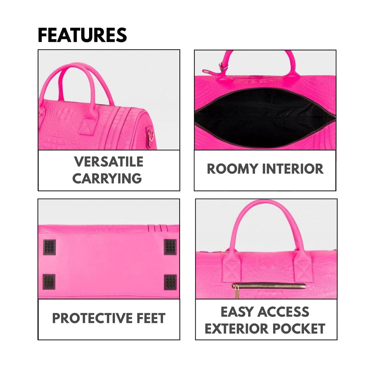 Tote&Carry Classic Weekender Duffle Bag in Neon Pink — features, versatile carrying, roomy interior and easy-access exterior pocket