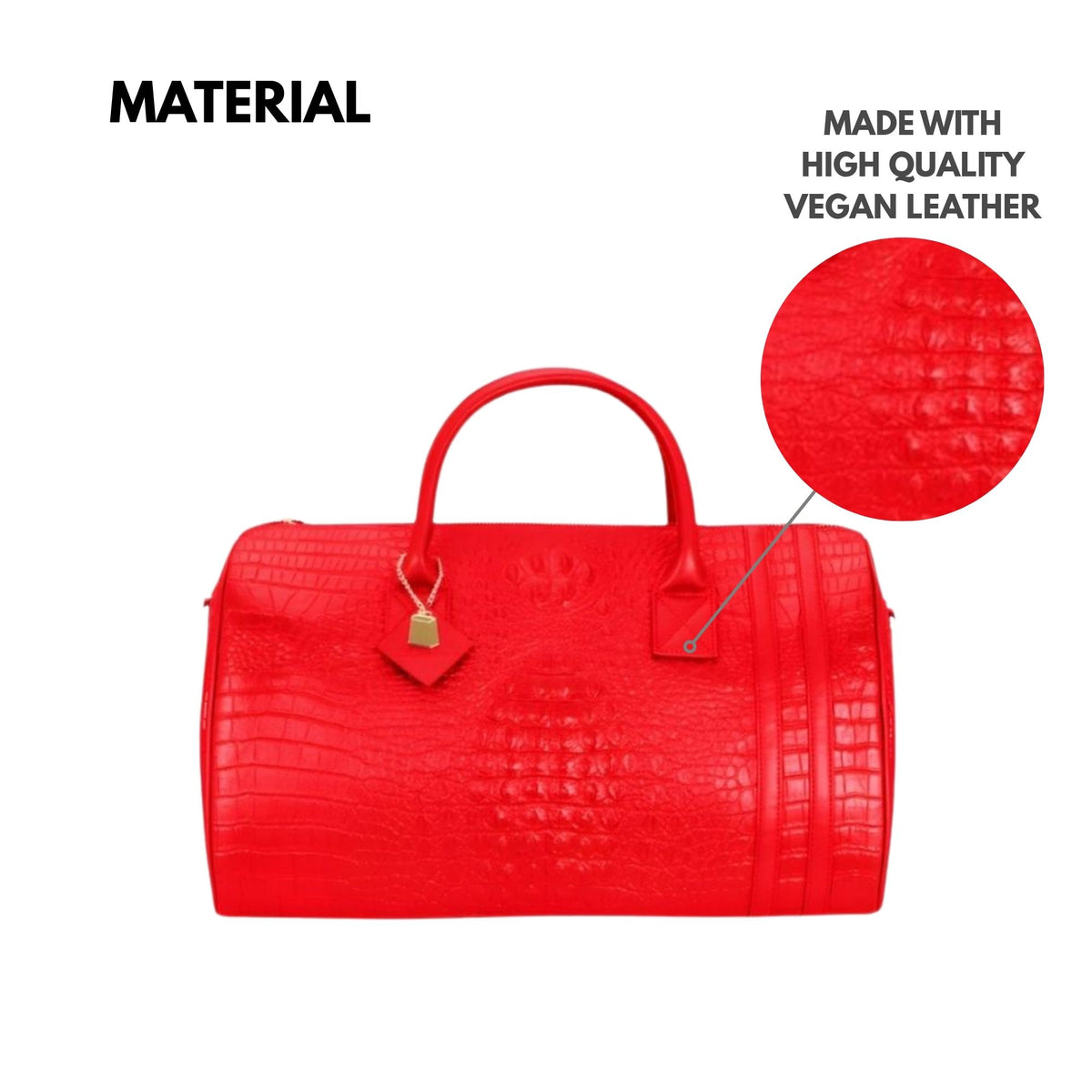 Tote&Carry Classic Weekender Duffle Bag in Red — high quality vegan leather material detail