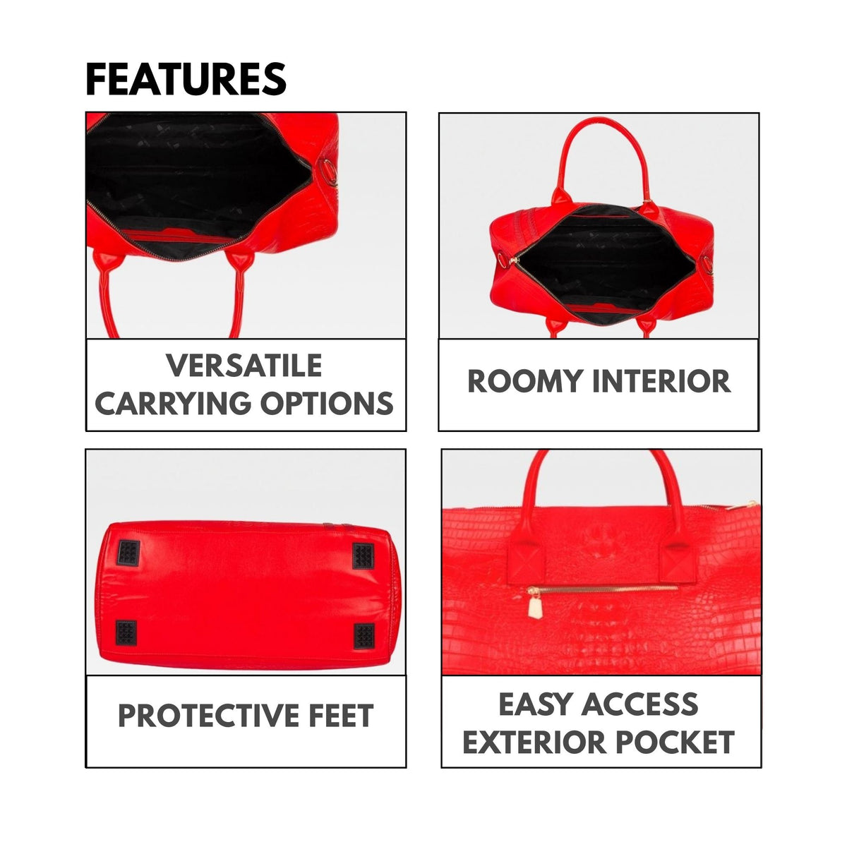 Tote&Carry Classic Weekender Duffle Bag in Red — features, versatile carrying, roomy interior and easy-access exterior pocket