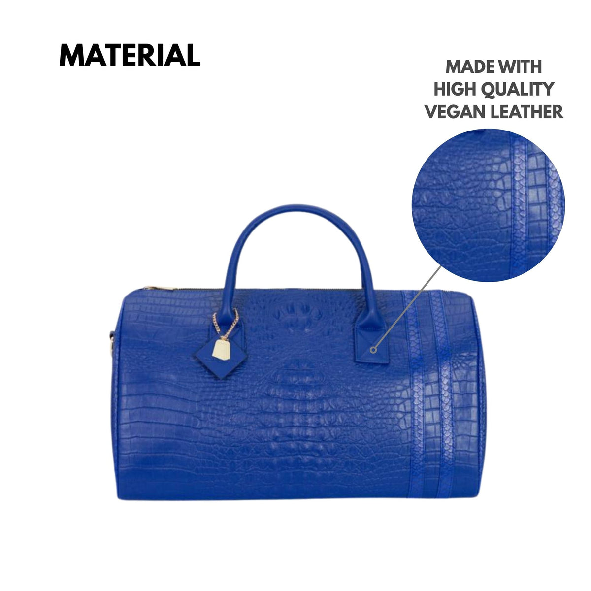 Tote&Carry Classic Weekender Duffle Bag in Royal Blue — high quality vegan leather material detail