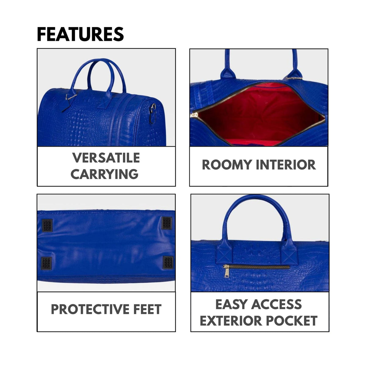 Tote&Carry Classic Weekender Duffle Bag in Royal Blue — features, versatile carrying, roomy interior and easy-access exterior pocket