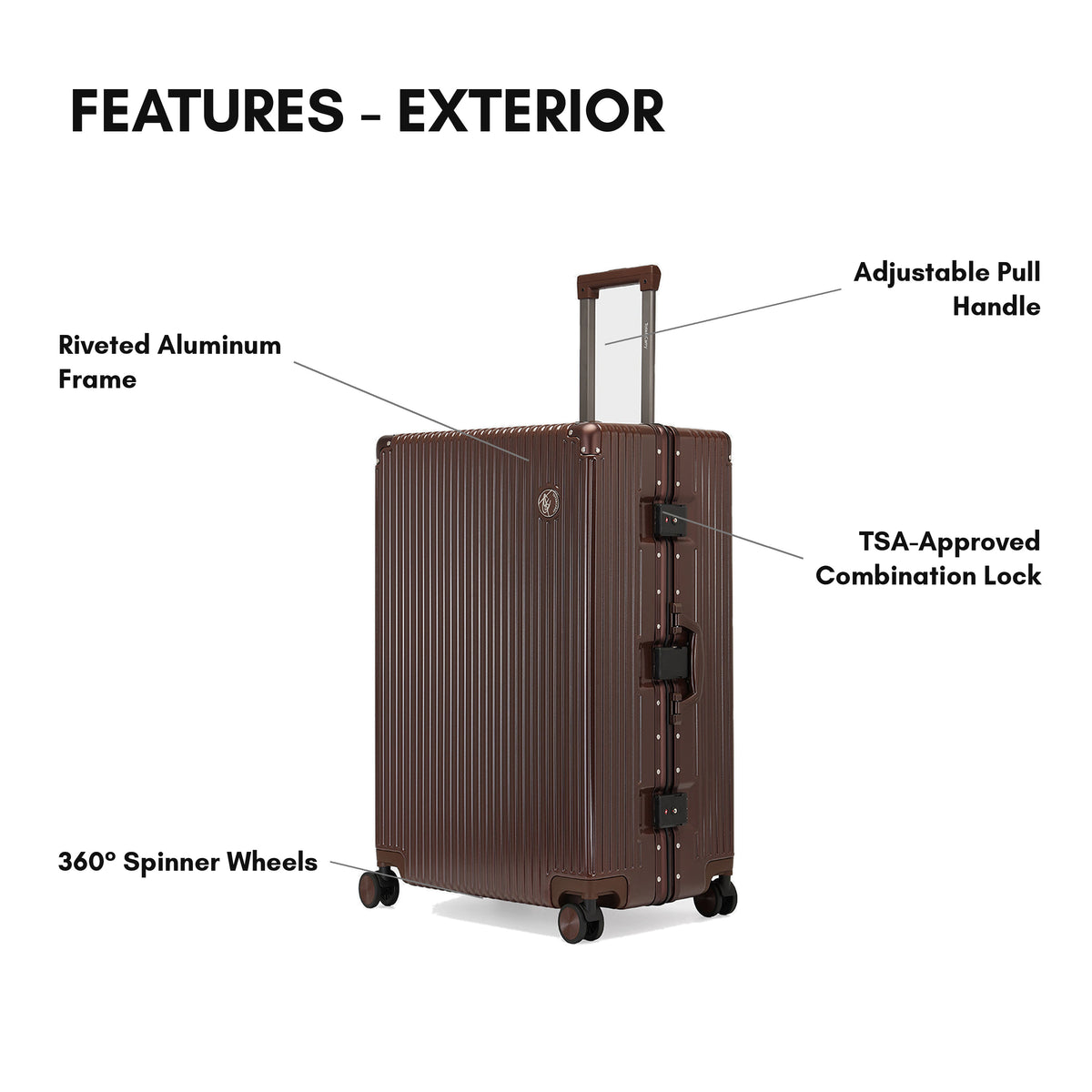 Tote&Carry Alloy Elite 2PC Suitcase Set in Bronze — exterior features, TSA lock and 360 spinner wheels