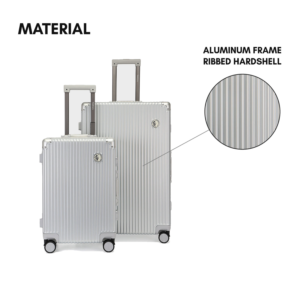 Tote&Carry Alloy Elite 2PC Suitcase Set in Platinum Silver — material, aluminum frame and ribbed hardshell