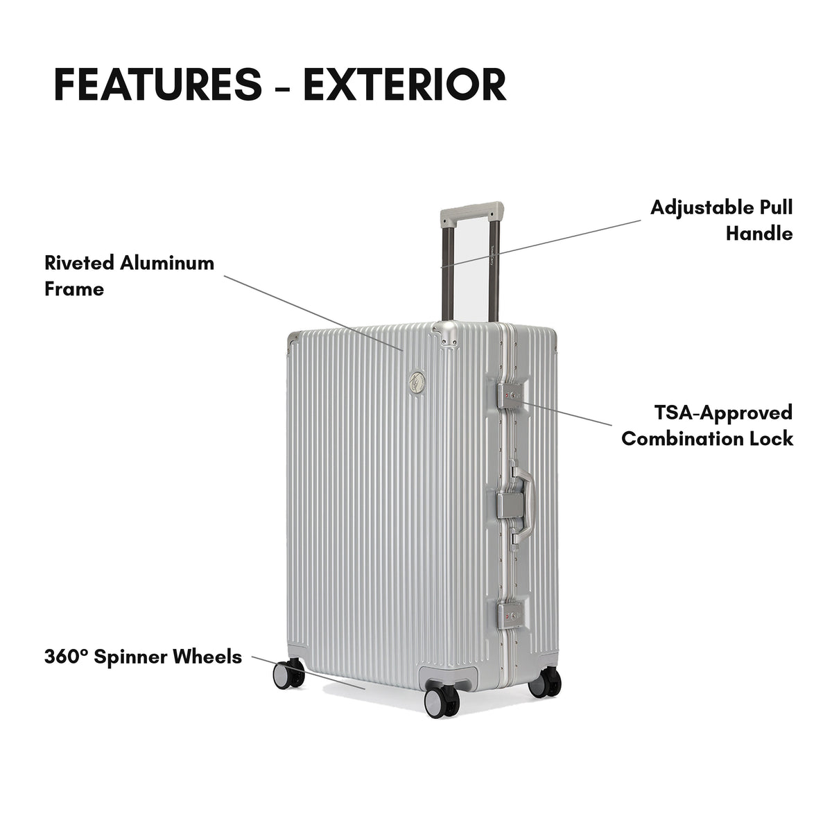Tote&Carry Alloy Elite 2PC Suitcase Set in Platinum Silver — exterior features, TSA lock and 360 spinner wheels