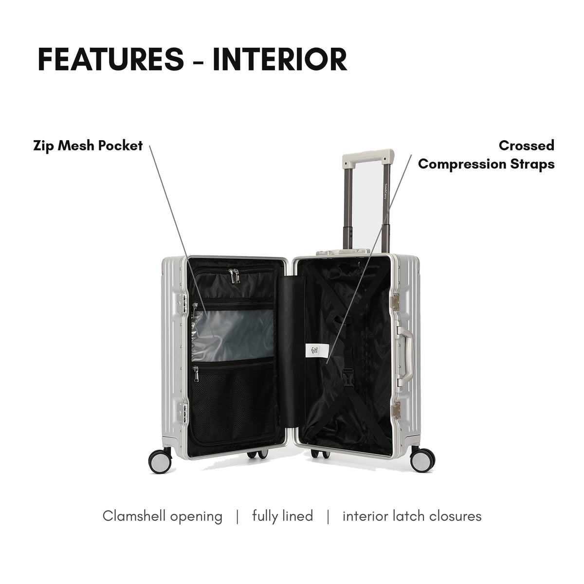 Tote&Carry Alloy Elite 2PC Suitcase Set in Platinum Silver — interior features, zip mesh pocket and compression straps