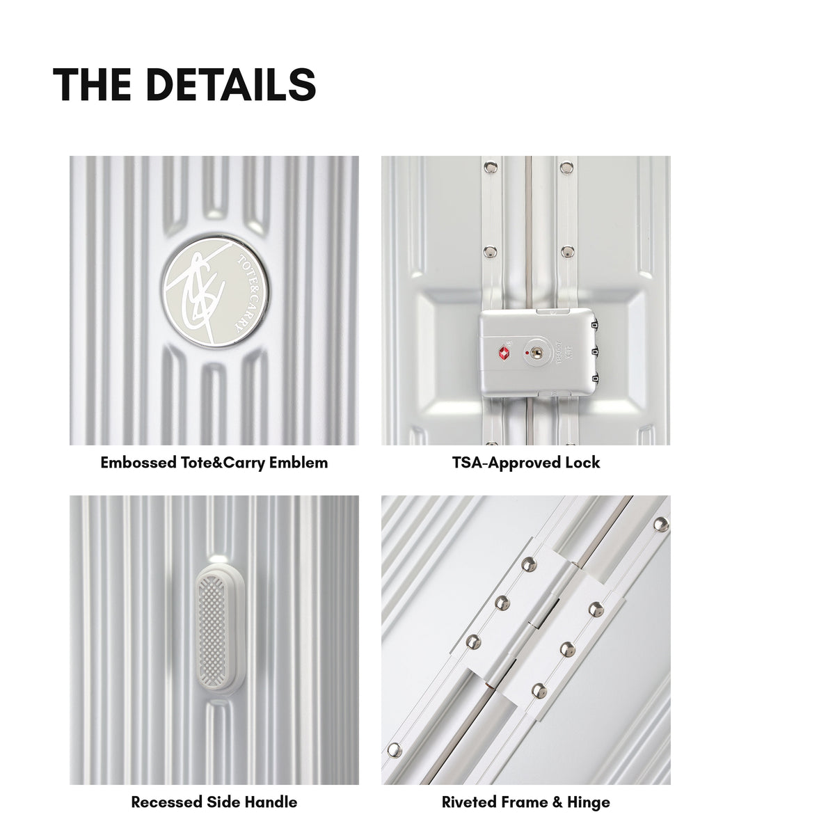 Tote&Carry Alloy Elite 2PC Suitcase Set in Platinum Silver — close up details, emblem lock handle and riveted hinge