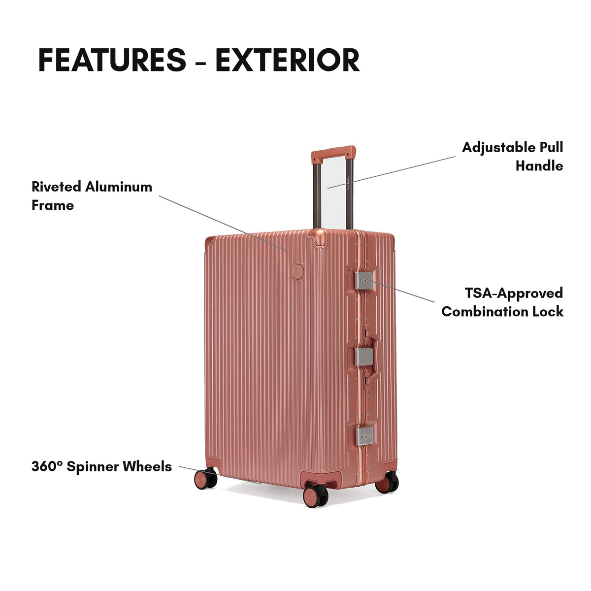 Tote&Carry Alloy Elite 2PC Suitcase Set in Rose — exterior features, TSA lock and 360 spinner wheels