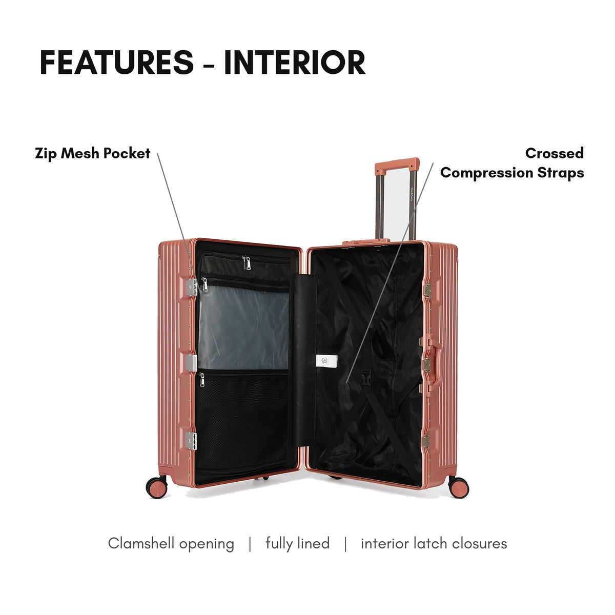 Tote&Carry Alloy Elite 2PC Suitcase Set in Rose — interior features, zip mesh pocket and compression straps