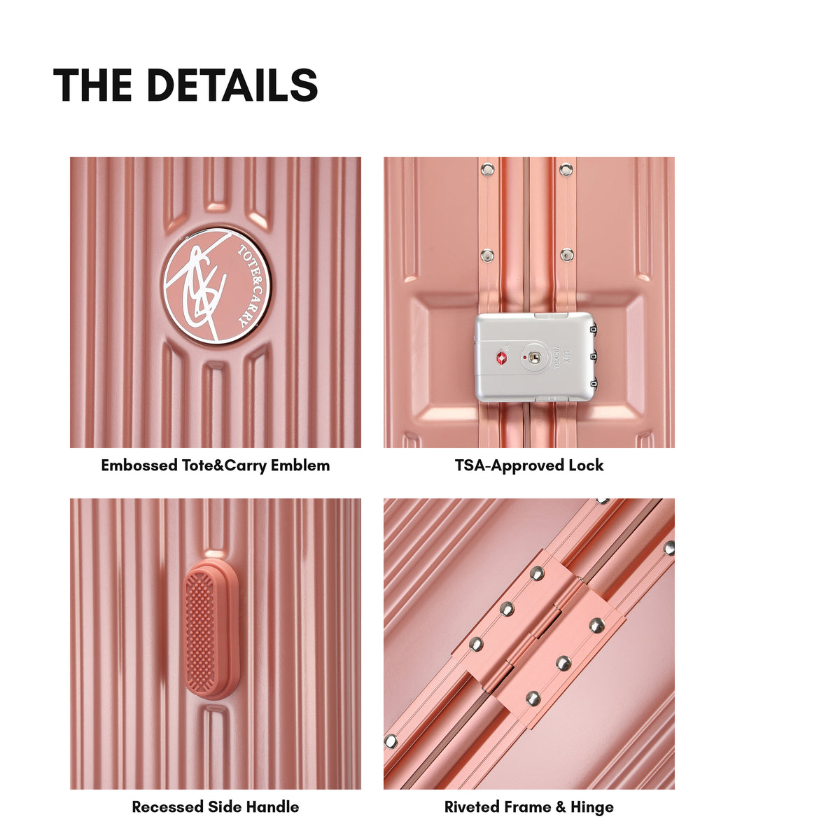 Tote&Carry Alloy Elite 2PC Suitcase Set in Rose — close up details, emblem lock handle and riveted hinge