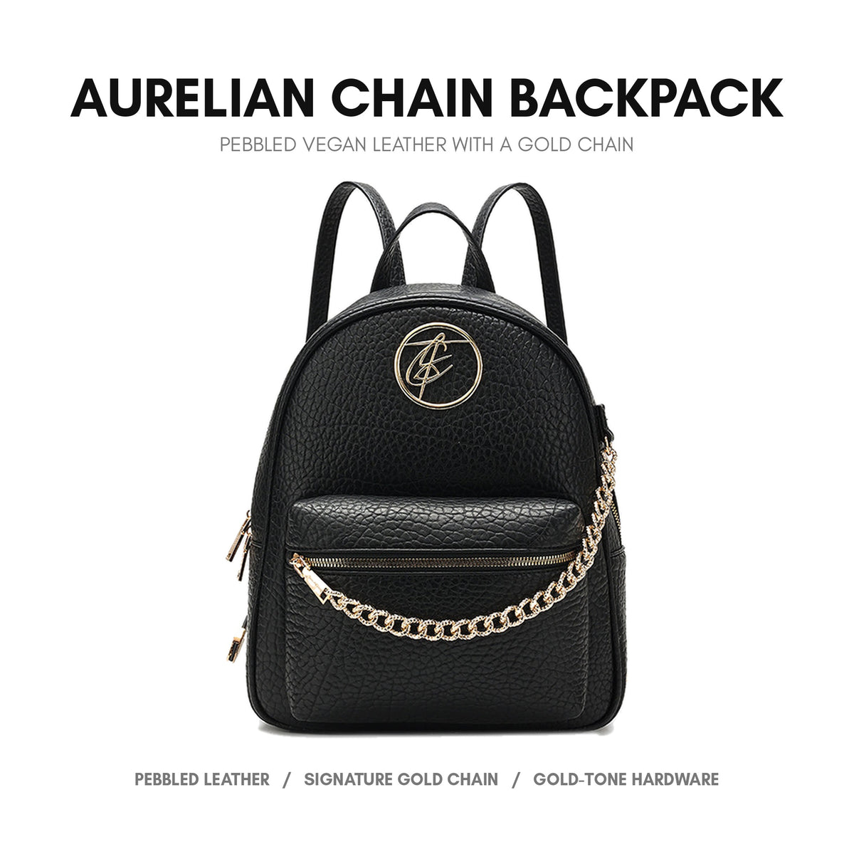 Aurelian Chain Backpack in Black - premium vegan leather, pebbled finish, signature gold chain