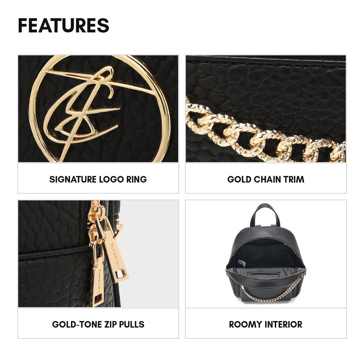 Aurelian Chain Backpack in Black - features: signature logo ring, gold chain trim, gold-tone zip pulls, roomy interior