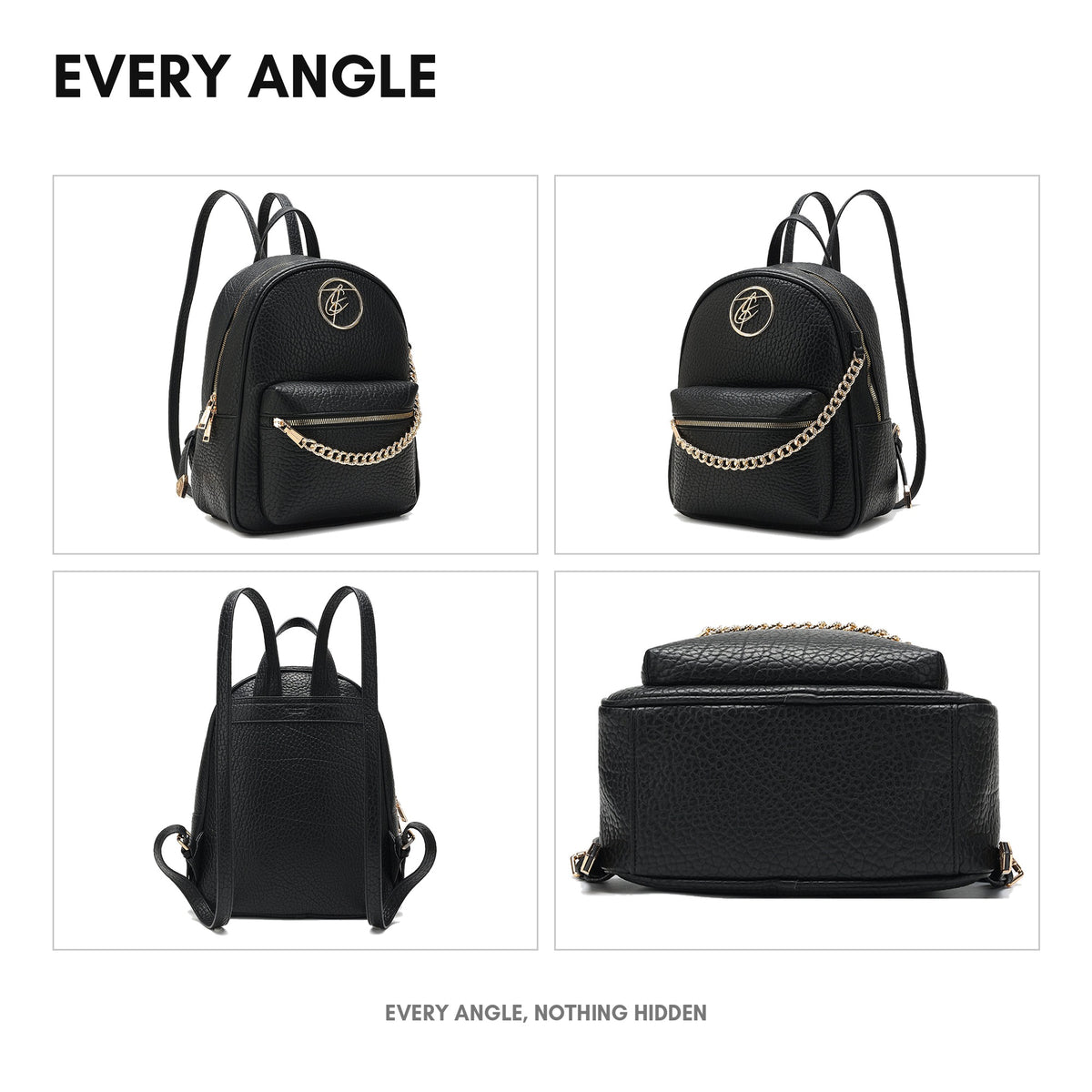 Aurelian Chain Backpack in Black - every angle: front, side, back and interior
