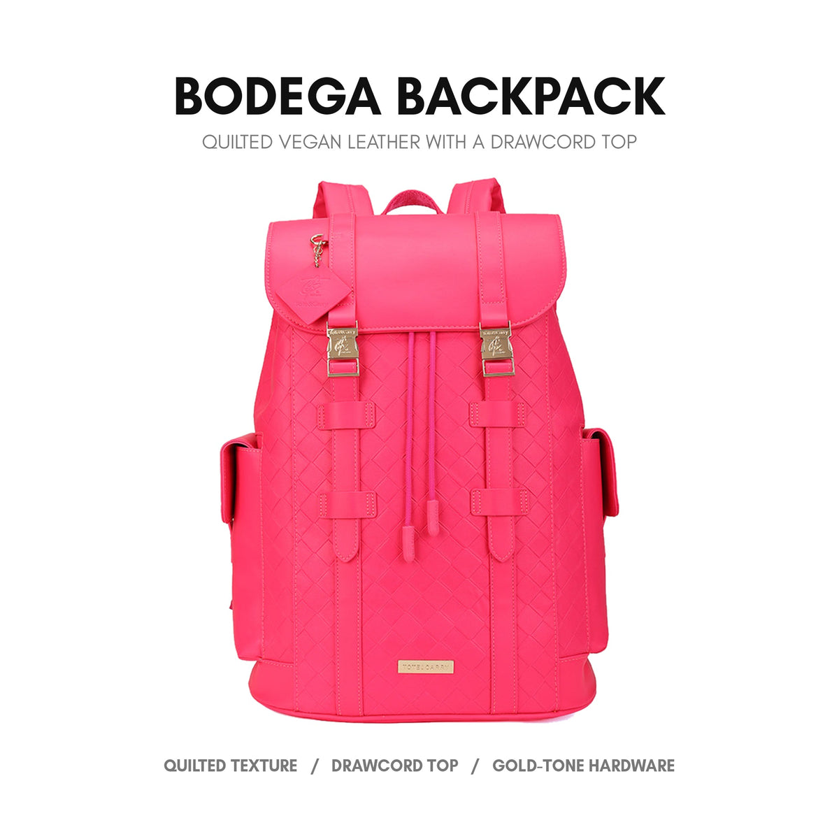 Bodega Backpack in Neon Pink - premium vegan leather, quilted front panel, drawcord top closure