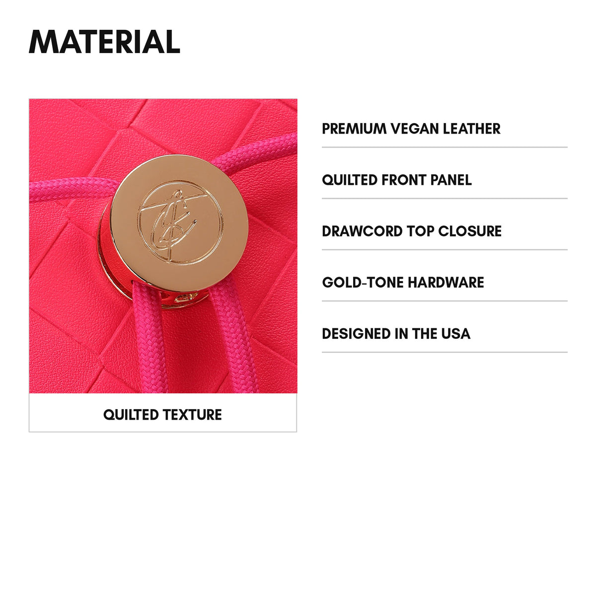 Bodega Backpack in Neon Pink - material: premium vegan leather, quilted front panel, drawcord top closure