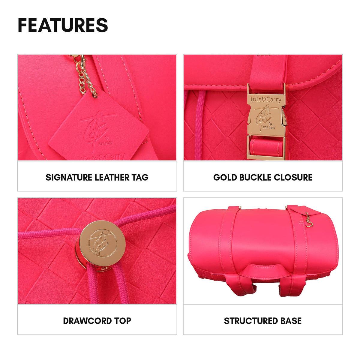 Bodega Backpack in Neon Pink - features: signature leather tag, gold buckle closure, drawcord top, structured base