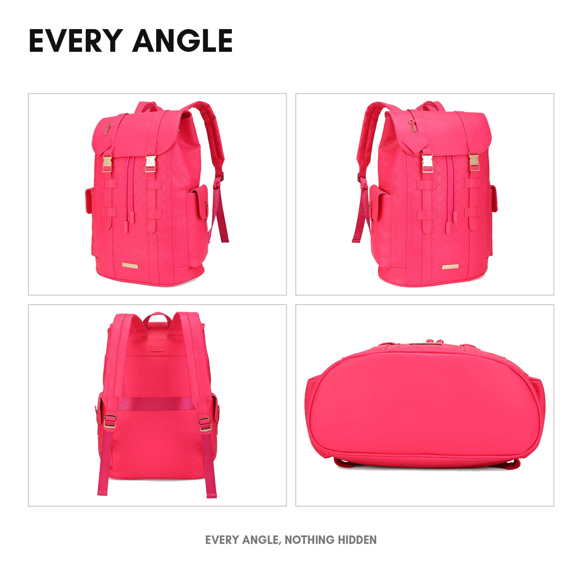 Bodega Backpack in Neon Pink - every angle: front, side, back and interior